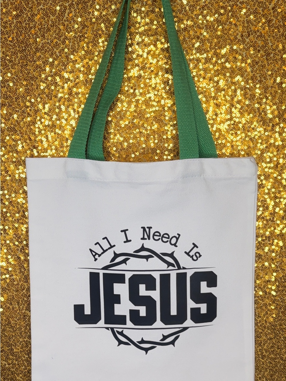 White Tote Bag with Green Handles and ALL I NEED IS JESUS Graphic - Picture 1 of 2